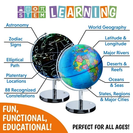 Rose Gold Anti-Fall Globe with Silver Plated Stand Globe for Kids 8 Inch Illuminated Led 3 in 1 Desktop Geographic Constellation Educational Discovery World Map Globes for School Child Adults
